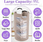 95L Folding Laundry Basket for Singles, Large Laundry Hamper with Aluminum Handles, Freestanding Dirty Clothes Basket, Sturdy Oxford Fabric Clothes Hampers for Travel, Dormitory, Khaki