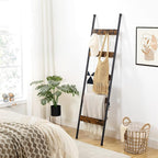 HOOBRO Blanket Ladder, 5-Tier Towel Rack with Hooks, Wall-Leaning Blanket Rack, Decorative Display Ladder Shelf, for Scarves, Industrial, Living Room, Bedroom, Rustic Brown and Black BF52CJ01