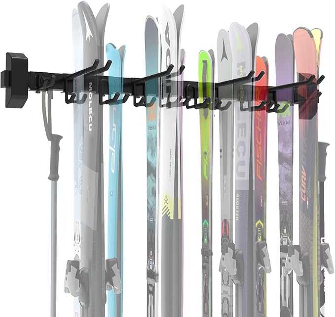 48'' Ski Rack Wall Mount,12 Pairs Ski Holders for Wall with Movable Rubber-Coated Hooks for Garage Storage Organizer System, Snowboard Wall Mount for Garage and Home Shed, Holds Up to 880lbs