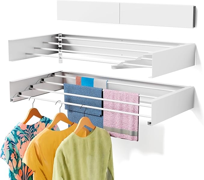 Wall Mounted Drying Rack for Small Space, 23.6" Foldable Collapsible Laundry Rack, Compact Space Saver for Apartment Bathroom Balcony, Includes Wall Template (White)