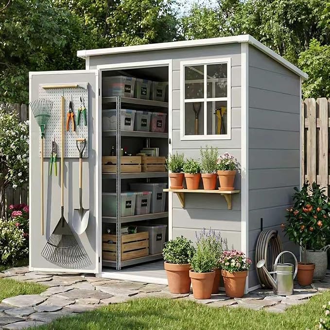 AIRAJ 5x3 FT Outdoor Storage Shed,Resin Storage Shed with Floor/Window/Vent/Roof Rainwater Drainage/Lockable Door,All-Weather Garden House,for Backyard, Garden,Poolside,Bike,Lawn Mower,Patio Furniture