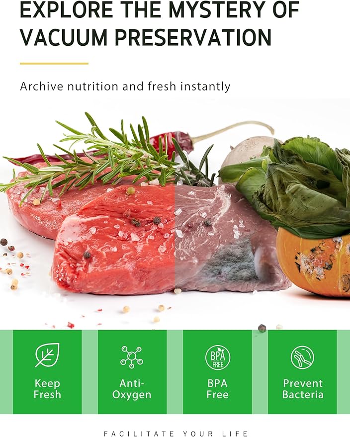 Syntus Vacuum Sealer Bags, 6 Pack 11" x 10' and 8" x 10' and 6" x 10' Commercial Grade BPA Free Bag Rolls, Food Vac Bags for Storage, Meal Prep or Sous Vide