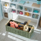 Toilet Paper Storage Basket，Decorative Small Wicker Baskets with Wooden Handles,Green Paper Rope Storage Basket for Bathroom Decor,Toilet Tank Shelf,Countertop Organizer