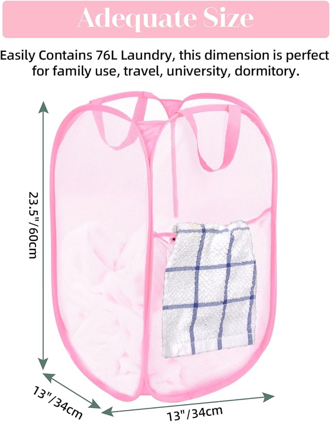 2 Pack Durable Collapsible Laundry Baskets - Reinforced Mesh Pop Up Laundry Hamper with Pocket, Foldable Dirty Clothes Hamper with Carry Handles for Laundry, Bathroom, Kids Room, Dorm or Travel Pink