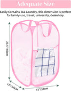 2 Pack Durable Collapsible Laundry Baskets - Reinforced Mesh Pop Up Laundry Hamper with Pocket, Foldable Dirty Clothes Hamper with Carry Handles for Laundry, Bathroom, Kids Room, Dorm or Travel Pink