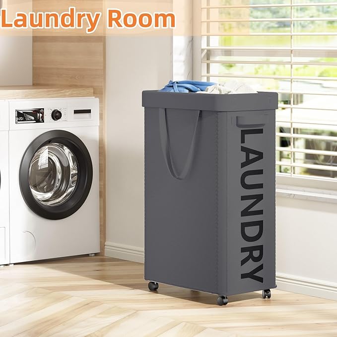 Laundry Basket with Wheels, 90L Rolling Laundry Hamper with Wheels, Large Clothes Hamper on Wheel with Removable Mesh Bag for Bedroom, Bathroom, Dorm, Grey