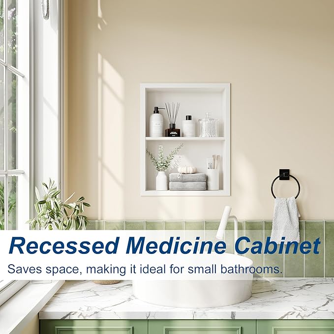 14x18 Medicine Cabinet Recessed, Medicine Cabinet Without Mirror, 304 Stainless Steel Medicine Wall Niche with Double Shelves, Matte White