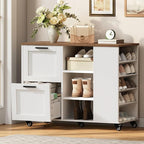 Lateral File Cabinet, Printer Stand with File Drawers and Open Shelves, 2-Drawer Mobile Lateral Filing Cabinet with Locking Casters, for Home Office Storage, Walnut and White