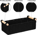 Boho Cotton Rope Storage Baskets Set of 2, Woven Wicker Organizer Bins with Wooden Handles, Small Decorative Boxes for Organizing, Toilet Paper Baskets for Bathroom Countertop, Shelves (Black 2 Pack)