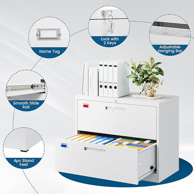 2 Drawer File Cabinet, Lateral Filing Cabinets for Home Office, Office Storage Drawers with Lock, Hanging Files Legal/Letter A4 Size (Assemble Required,White)