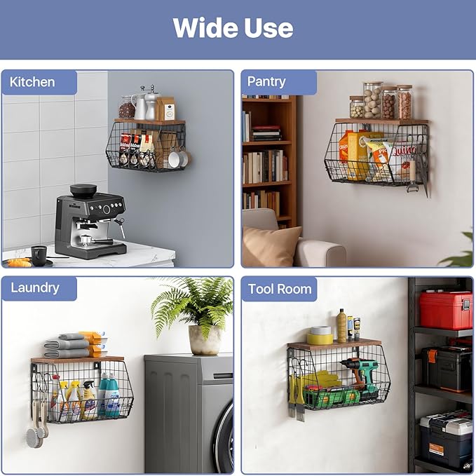 Housolution Wall Mounted Fruit Basket for Kitchen, Hanging Fruit Bowl Wire Baskets with 4 Hanger Hooks, Potato and Onion Storage, Countertop Organizer for Snack, Fruits and Vegetable Storage