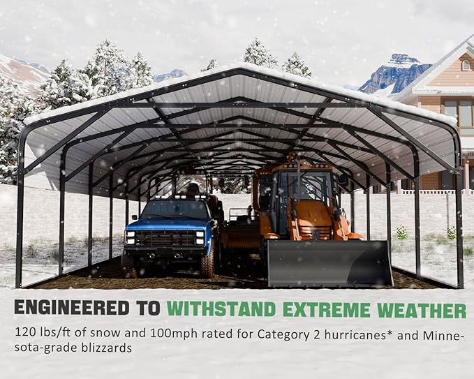 20x52 FT Ultra-Long Industrial Carport Kit, All-Weather Steel Garage for Class A RVs,Farm Equipment, 120lbs/Sq.Ft Snow Wind Resistant Carports Modular Canopy with Anti-Snow Roof Auger Anchoring System