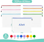 Mesh 32pcs Zipper Pouch Bags - A3 Size, 8 Color Mesh Zipper Pouches for Organizing, Board Game, Travel, School & Office