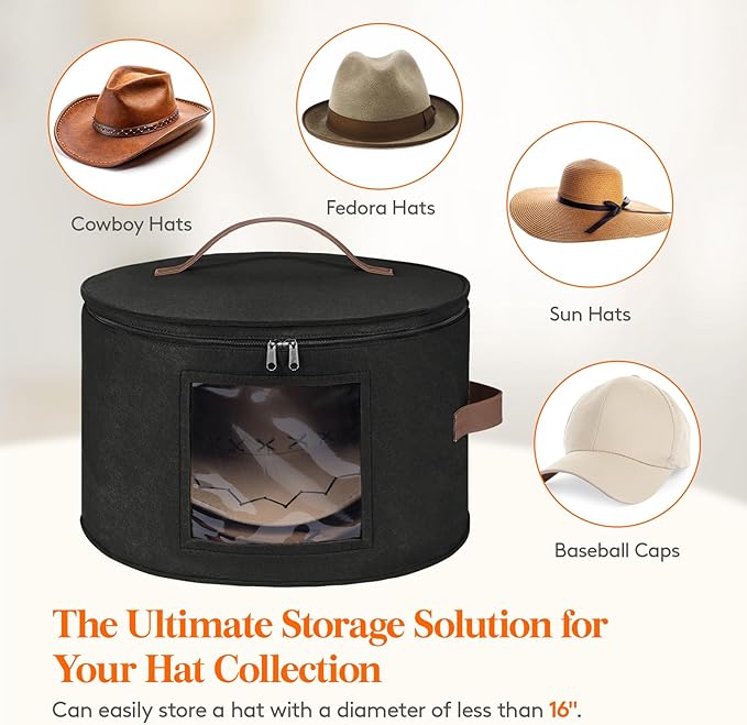 Lifewit Round Cowboy Hat Box for 7 Caps, Large Felt Hat Organizer Bag for Men&Women Storage, Baseball Cap Container with Lid for Travel, Foldable 16.5" Dx10.6 H Carrier, 37L Each, Black 2 Pack