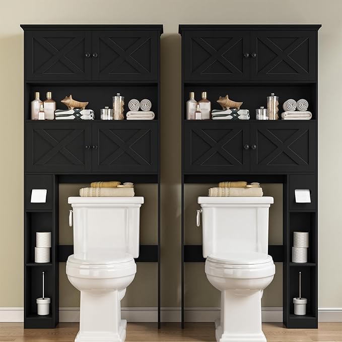 Over The Toilet Storage Cabinet, Farmhouse Storage Cabinet Over Toilet with 4 Barn Doors & Toilet Paper Holder Stand, Black Toilet Shelf Home Space Saver for Restroom, Bathroom, Laundry