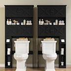 Over The Toilet Storage Cabinet, Farmhouse Storage Cabinet Over Toilet with 4 Barn Doors & Toilet Paper Holder Stand, Black Toilet Shelf Home Space Saver for Restroom, Bathroom, Laundry