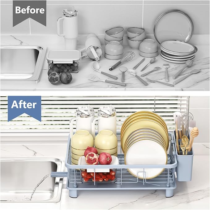 Blue Dish Drying Rack, Dish Rack,Space-Saving Dish Racks for Kitchen Counter with Utensil Holder,Gifts for Women Mothers Day, Kitchen Gadgets & Decor