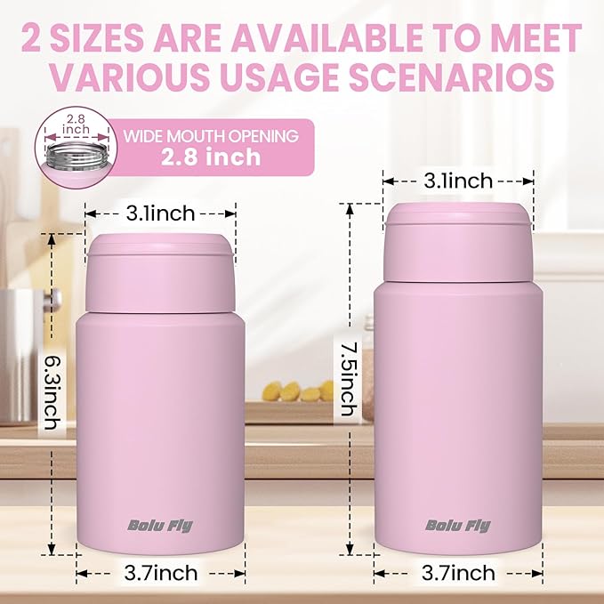 2 Pack Soup Thermo for Hot Food for Adults, Insulated Food Jar, Stainless Steel Vacuum Thermal Lunch Box Containers with Carry Bag and Spoon (18.5oz, 27oz) (Pink)