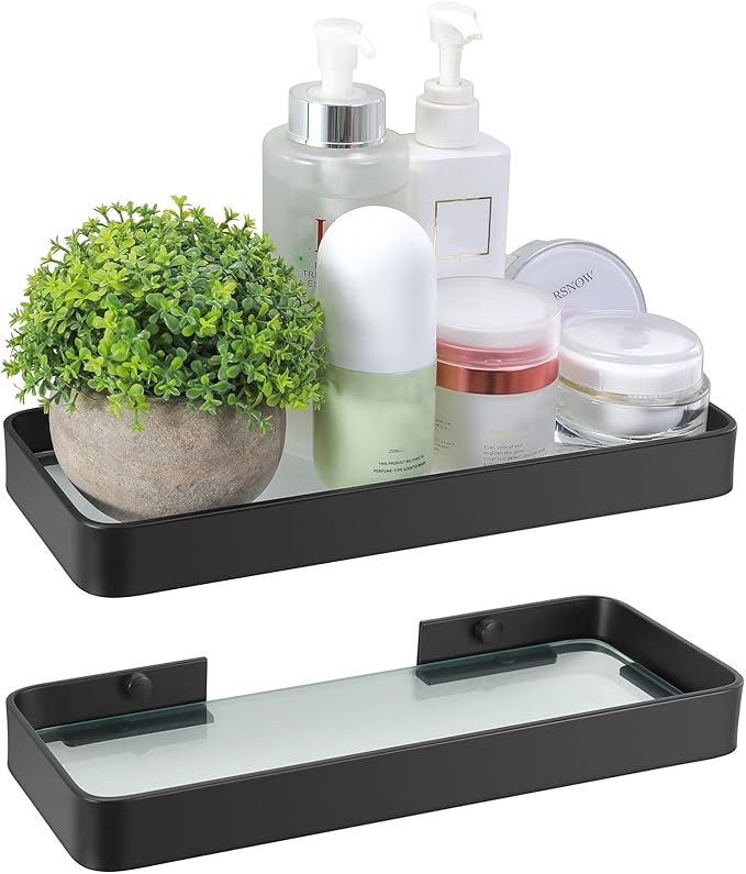 Z metnal Tempered Glass Bathroom Shelves, Matte Black Floating Shelf for Wall, Wall Shelf for Bathroom Organizer, Aluminum Frame, Wall Mounted (Clear Glass, 9.8 inch/25cm)
