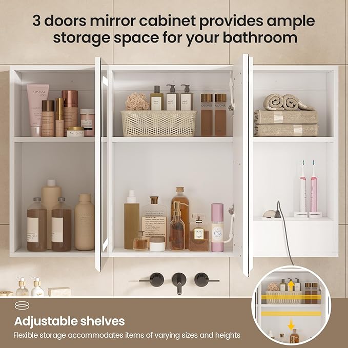 Hasuit Medicine Cabinet Organizer with Mirror, Lighted Bathroom Medicine Cabinet with Storage, 3 Doors Bathroom Wall Cabinet with LED Lights, Adjustable Shelves & Outlets, 39.4'' x 23.6'', White
