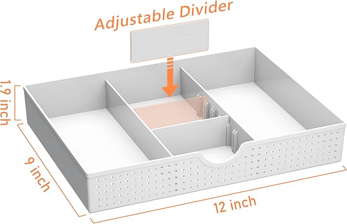 CAXXA 2PK - 3 Slot Drawer Organizer with Two Adjustable Dividers - 5 Compartments Drawer Storage Junk Drawer Organizer for Office Desk Supplies and Accessories, White
