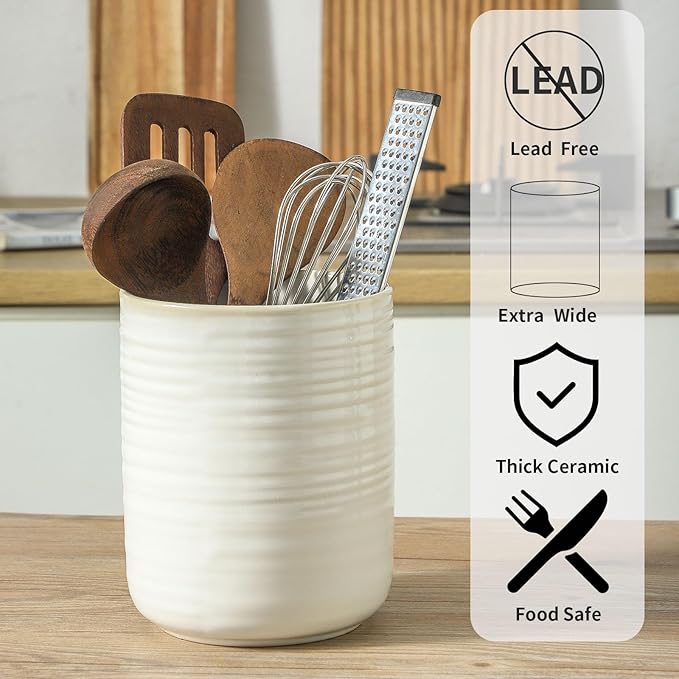 HASENSE Cooking Utensil Holder, 7.4"+5.5" Ceramic Kitchen Utensil Holder for Counter, Rustic Utensil Oganizer Crocks for Spatula, Kitchen Gift for Birthday Wedding, Set of 2, Clay-Infused White