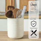 HASENSE Cooking Utensil Holder, 7.4"+5.5" Ceramic Kitchen Utensil Holder for Counter, Rustic Utensil Oganizer Crocks for Spatula, Kitchen Gift for Birthday Wedding, Set of 2, Clay-Infused White