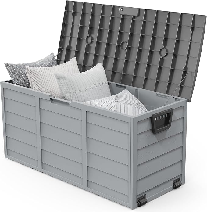 VINGLI 75 Gallon Outdoor Storage Box, Lockable Plastic Storage Containers with Lid, Patio Deck Box Furniture for Garden, Pool, Balcony, Yard (Grey)