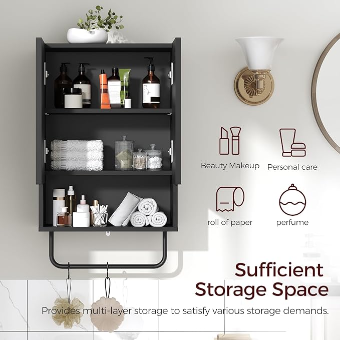 Bathroom Wall Cabinet, Wall Mounted Medicine Cabinets with Towel Bar & Adjustable Shelf, Over The Toilet Space Saver Storage Cabinet with 2 Doors, for Bathroom Laundry Room Kitchen, Black