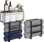 Towel Racks for Bathroom Wall Mounted, 4-Tier Bathroom Towel Rack with Shelf and Basket, Hold 6 Large Rolled Towels, 32-Inch Heavy Duty Towel Storage for Bathroom, RV, Black