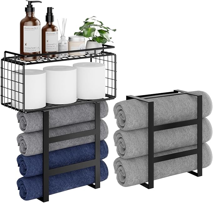 Towel Racks for Bathroom Wall Mounted, 4-Tier Bathroom Towel Rack with Shelf and Basket, Hold 6 Large Rolled Towels, 32-Inch Heavy Duty Towel Storage for Bathroom, RV, Black