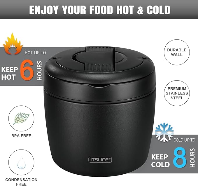 Itslife 32oz Insulated Soup Thermos, Vacuum Stainless Steel Food Jar for Hot & Cold Food, Leakproof Wide Mouth Lunch Container with Spoon, Black