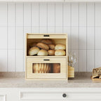 TQVAI Roll Top Bread Box for Kitchen Countertop, Keep Fresh Longer, Easy to Maintenance, Double Layer Vintage Wooden Breadbox with Window for Homemade Bread, Sandwich Loaves, Baked Goods (Wood Color)
