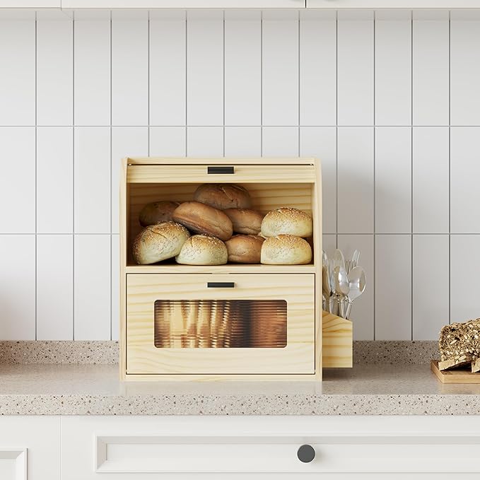 TQVAI Roll Top Bread Box for Kitchen Countertop, Keep Fresh Longer, Easy to Maintenance, Double Layer Vintage Wooden Breadbox with Window for Homemade Bread, Sandwich Loaves, Baked Goods (Wood Color)