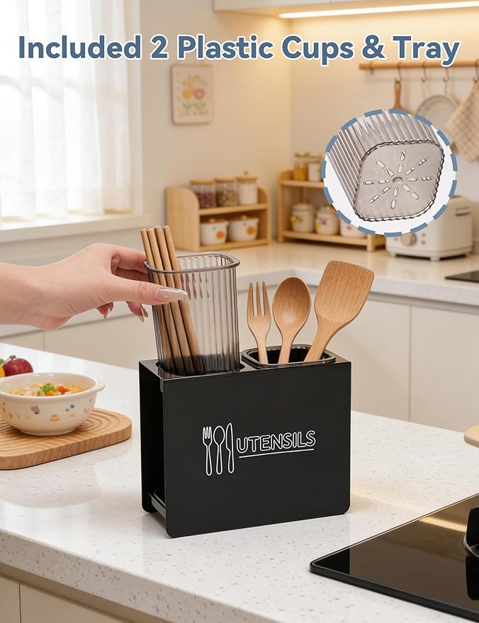 Kitchen Utensil Holder, Metal Silverware Holder with 2 Plastic Cups and Base, Modern Farmhouse Kitchen Decor, Countertop Utensil Organizer for Spoons Cooking Tools (Black)