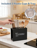 Kitchen Utensil Holder, Metal Silverware Holder with 2 Plastic Cups and Base, Modern Farmhouse Kitchen Decor, Countertop Utensil Organizer for Spoons Cooking Tools (Black)