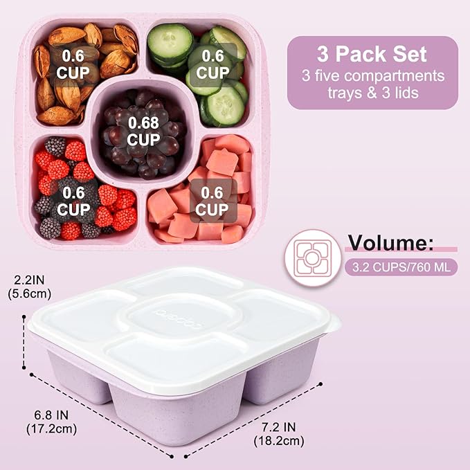 Caperci 5-Pack Lunchable Container Set for Kids & Adults - Reusable Bento Snack Box Containers with 5-Compartment for Food Storage & Meal Prep, Wheat Straw, BPA-Free (Vintage Colors)