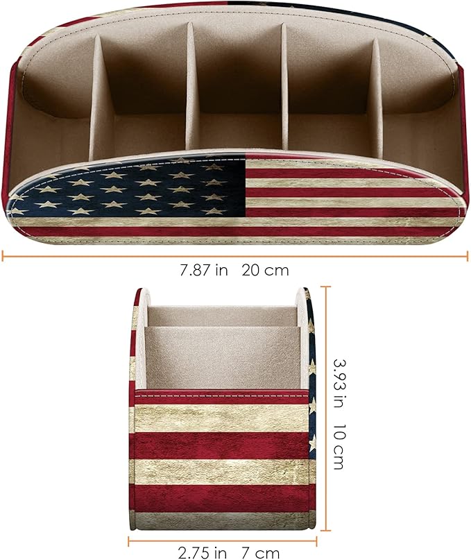 FINTIE Remote Control Holder, 5 Compartments Vegan Leather TV Remoter Caddy Desktop Organizer Makeup Brush Holder Storage Fits TV Remotes, Media Controllers, Office Supplies(US Flag)