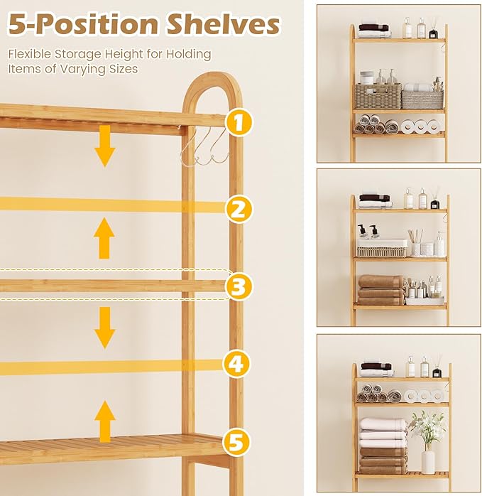 Tangkula Bamboo Over The Toilet Storage, 3-Tier Over Toilet Organizer Rack with 5-Position Adjustable Shelves, 3 Hooks, Adjustable Bottom Bar, Laundry Room Shelf, 28.5" Wide Bathroom Space Saver