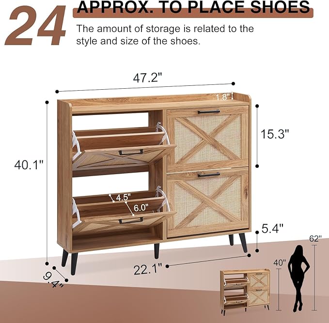 Shoe Storage Cabinet, Boho Shoe Organizer with 4 Flip Drawers & Rattan Design,Farmhouse Freestanding Hidden Slim Narrow Shoe Rack Cabinet for Entryway, Foyer,Hallway,Natural