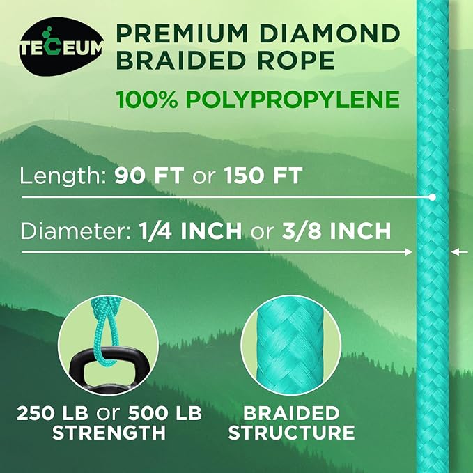TECEUM Rope – 90 Feet x 1/4 Inch (7mm) – Green Wave – Strong All-Purpose Utility Rope – Camping, Crafting, Flag Pole, Indoor & Outdoor – Polypropylene Nylon Poly Lightweight Diamond Braided Cord