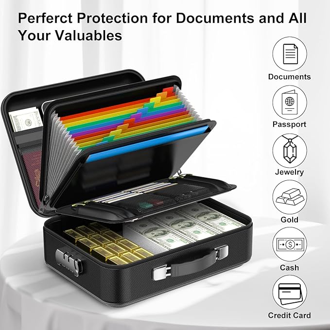 COLCASE Fireproof Document Box with Lock, Hard Fireproof Waterproof Box Creative Hard-Shell Design Fireproof Safe Box Document Organizer for Important Documents Certificates Laptop Passports Black