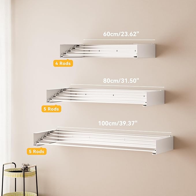 Wall Mounted Clothes Drying Rack - Heavy Duty 5-Rod Retractable Clothing Drying Rack, 60LBS Capacity Tiered Laundry Hanger, Large Foldable Dryer Racks for Indoor