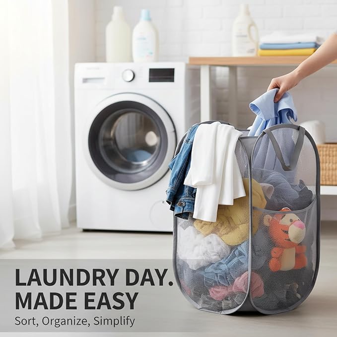 Kimmama Large Collapsible Mesh Laundry Basket,Foldable Pop Up Laundry Hamper with Side Pocket,Removable Clothes Storage Bin with Handle for Laundry Room,College Drom,Bathroom,Kid Room,Travel,72L