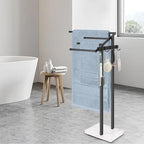 HarJue Towel Rack for Bathroom, 36” H Towel Holder Stand, Bath Towels Sheet Holder with Marble Base, Standing Rack for Home Pool Outdoor Floor, Store Family Member Towels (Black, 36” H-Hooks)