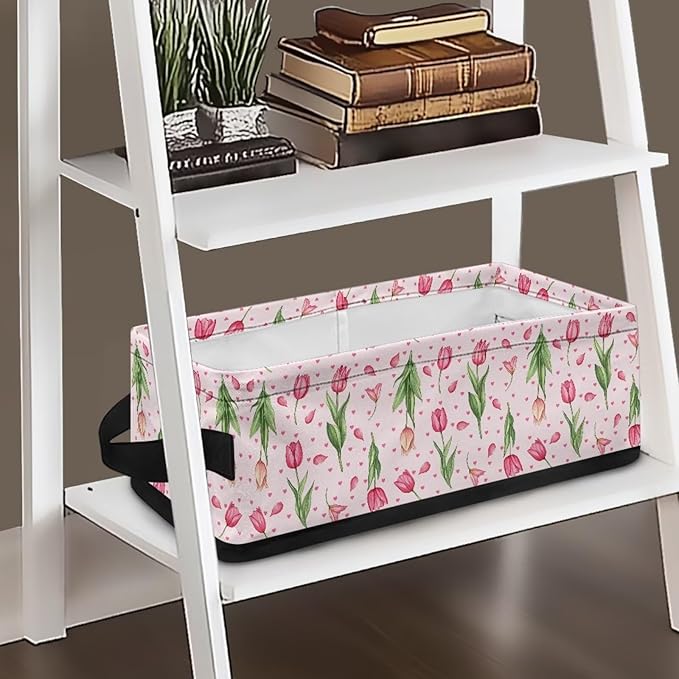 Storage Basket with Handles Collapsible Storage Bins Rectangular Fabric Organizer Box Multi-Use Shelf Baskets for Bedroom Bathroom Decor, Tulip Flower Pink Petal