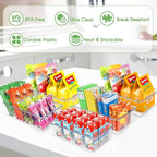 Snack Organizer for Pantry Shelf, 8 Pack Clear Plastic Pantry Storage Bins with 3 Dividers for Snacks, Spices, Chips Food Organizer, Stackable Pantry Organizers for Kitchen, Fridge, Cabinet