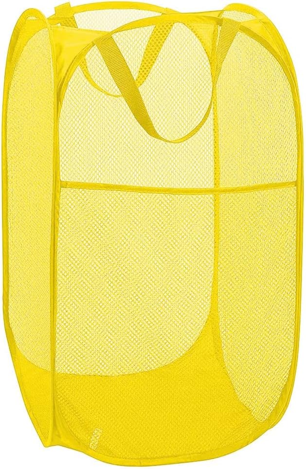 Larpur Pop Up Laundry Hamper, Collapsible Mesh Laundry Basket with Side Pocket, Foldable Clothes Hamper for Storage, Home, Dorm, Travel, Cruise, Yellow