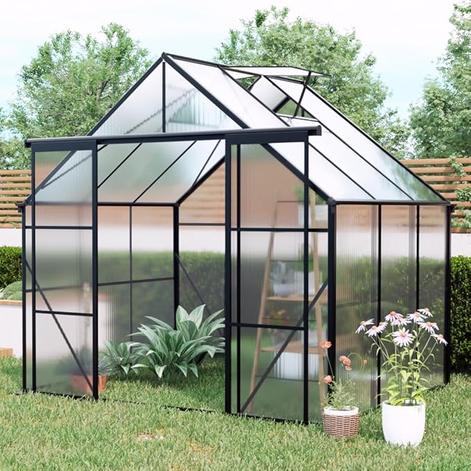 Heavy-Duty Walk-in Polycarbonate Greenhouse with Dual Sliding Doors, Adjustable Roof Ventilation, and Galvanized Steel Base for Year-Round Outdoor Gardening (Black 8*6FT)