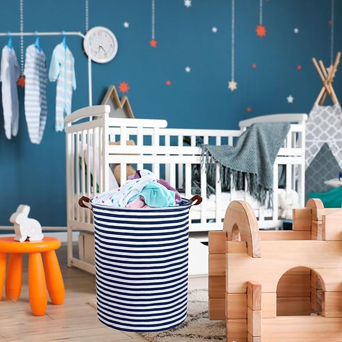 Essme Kids Laundry Hamper,Boys laundry basket,Collapsible Bule storage basket with Waterproof PE Coating,Canvas Fabric Nursery Hamper for Kids Room Decor,Gift,Baby Clothing.(Navy Blue stripes)